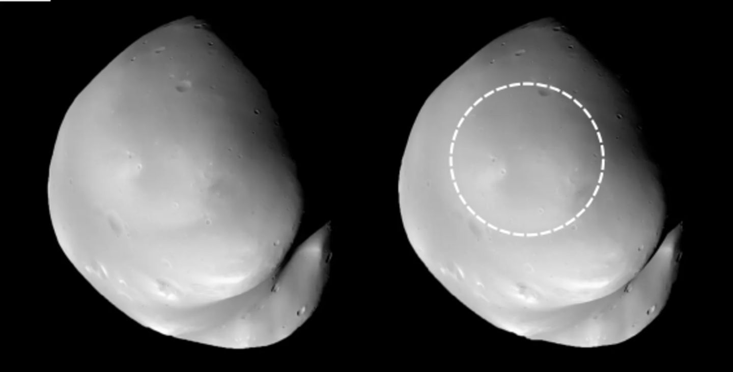 An ancient impact depression under the surface regolith layer of Deimos, one of several made clearer thanks to stereoscopics image produced by Sir Brian May, a member of Hera's science team.