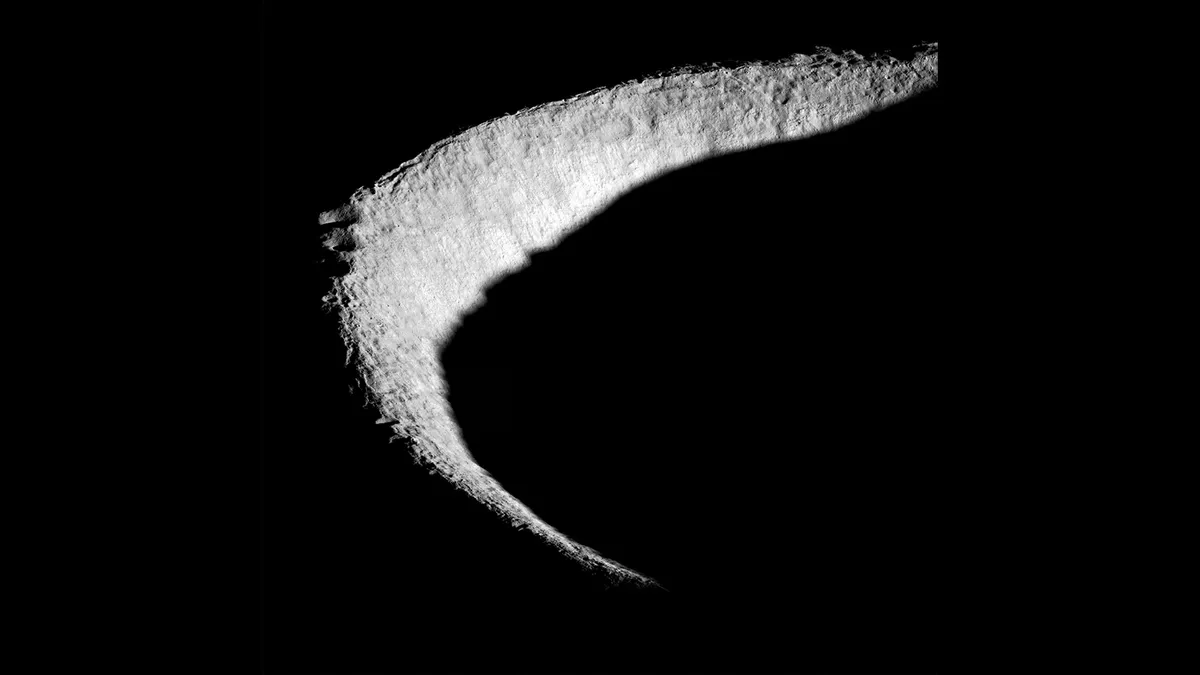 The rim of Shackleton crater, with the Moon’s south pole near the upper-right corner.