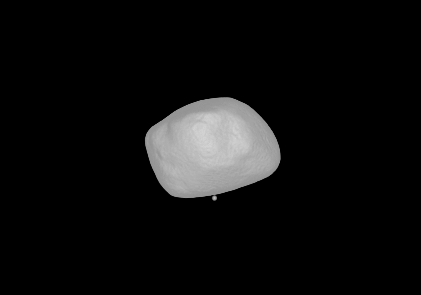 Animation showing modelling of the proposed impact theorised to have created the Deimos south-polar depression and the subsequent reaccumulation of regolith, which would account for the smooth appearance of Deimos. Yellow indicates the reaccumulated material.