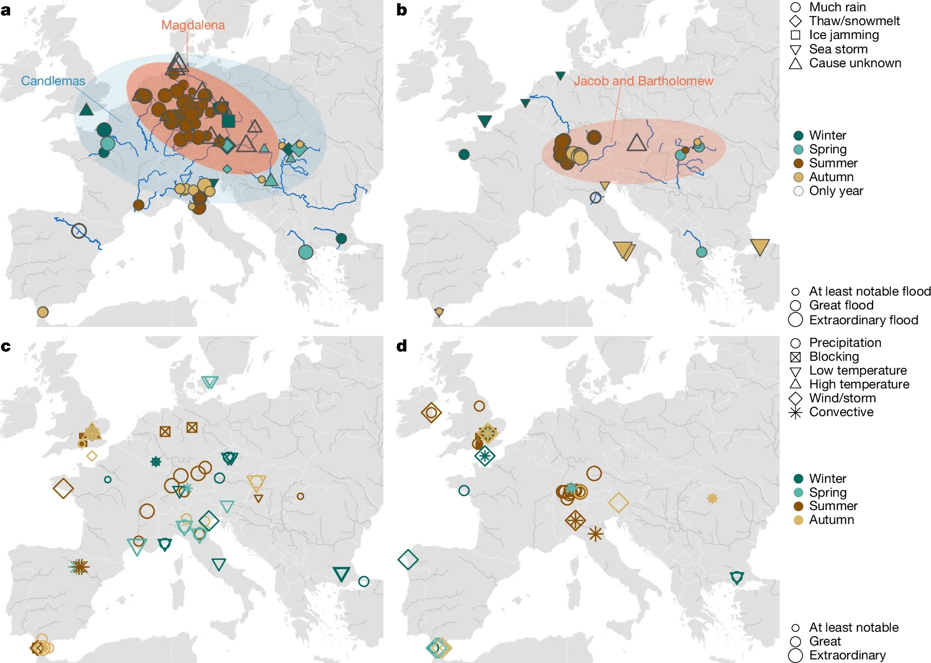 Spatiotemporal distribution of floods and weather information in 1342 and 1343.