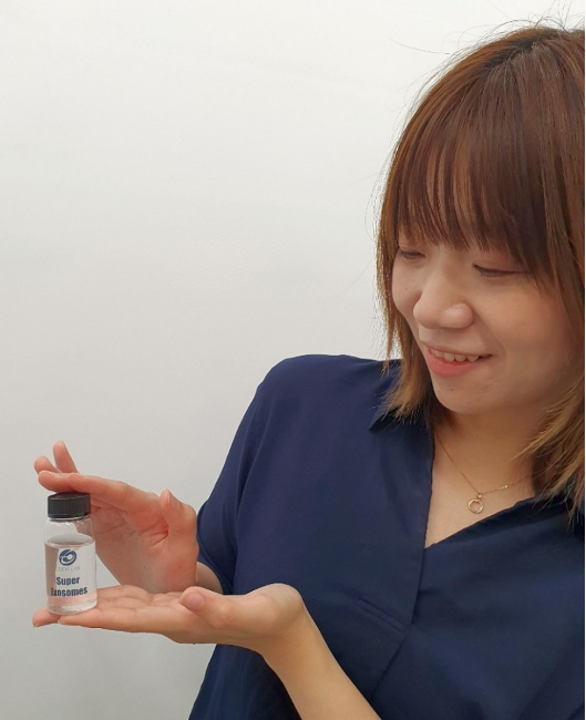 Developed super exosomes. Surface processing of the exosomes makes it possible to deliver the anti-aging factors contained within the exosomes to senescent cells with high efficiency.