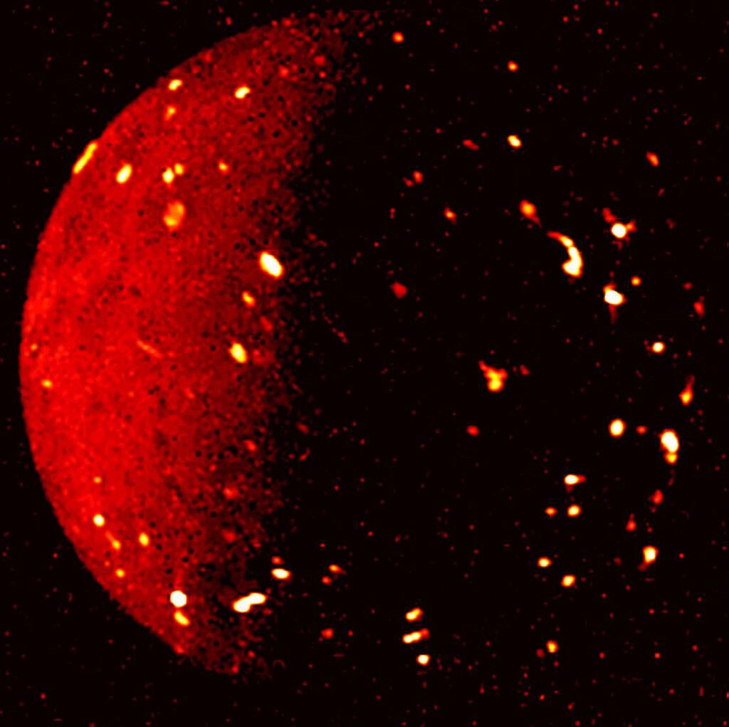 This infrared image was derived from data collected by the Jovian Infrared Auroral Mapper (JIRAM) instrument aboard Juno. In this image, the brighter the color, the higher the surface temperature recorded by JIRAM.