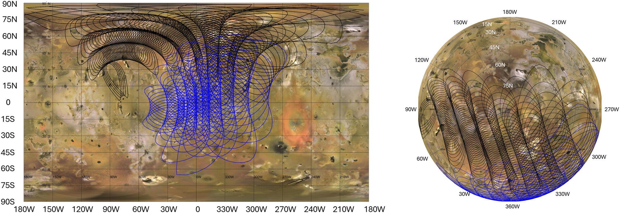 MWR sampling and footprints on Io for PJ57 (black) and PJ58 (blue) for the 12° beams.