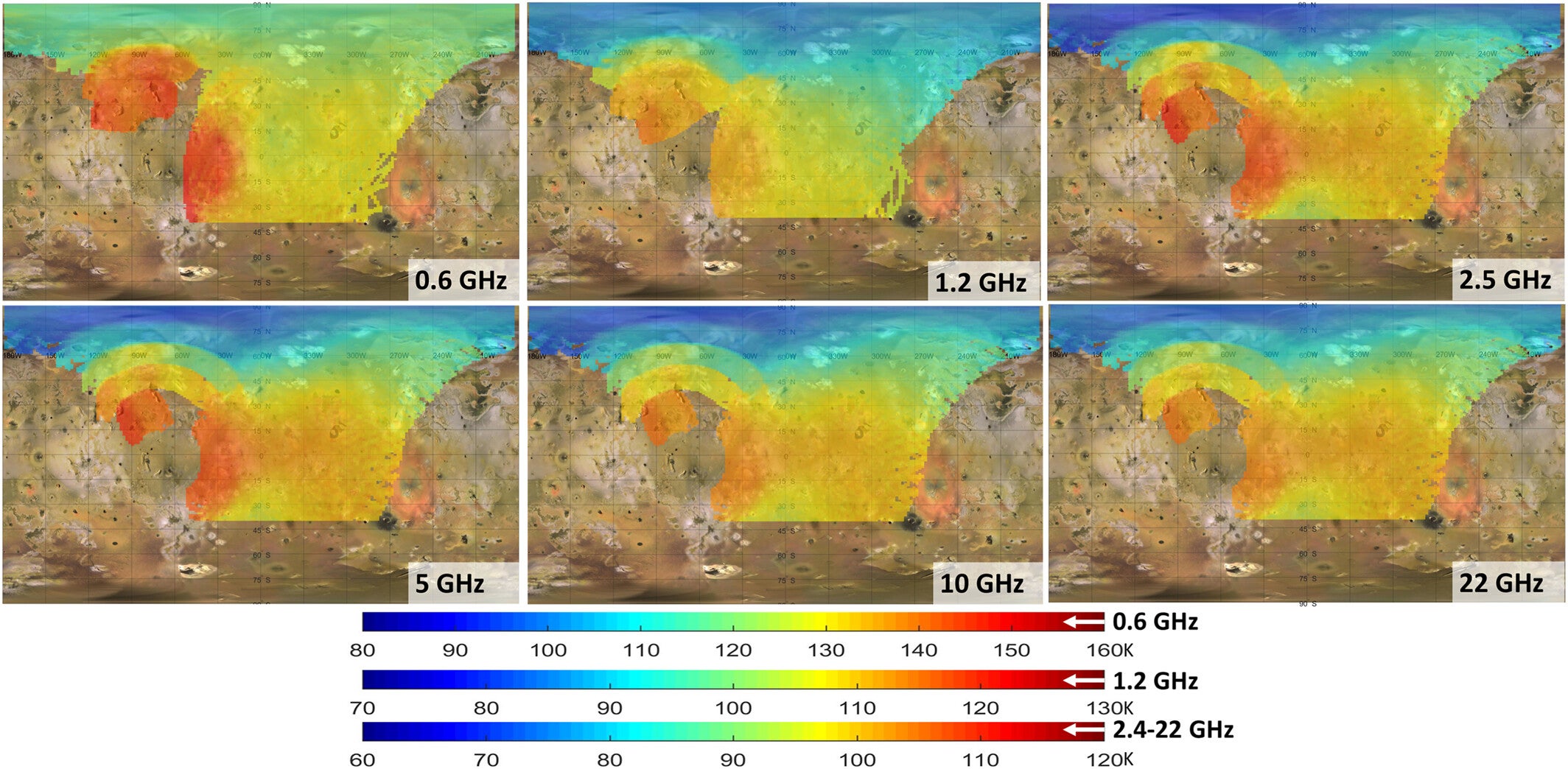MWR upwelling surface brightness temperature mapped on the surface of Io for each channel.
