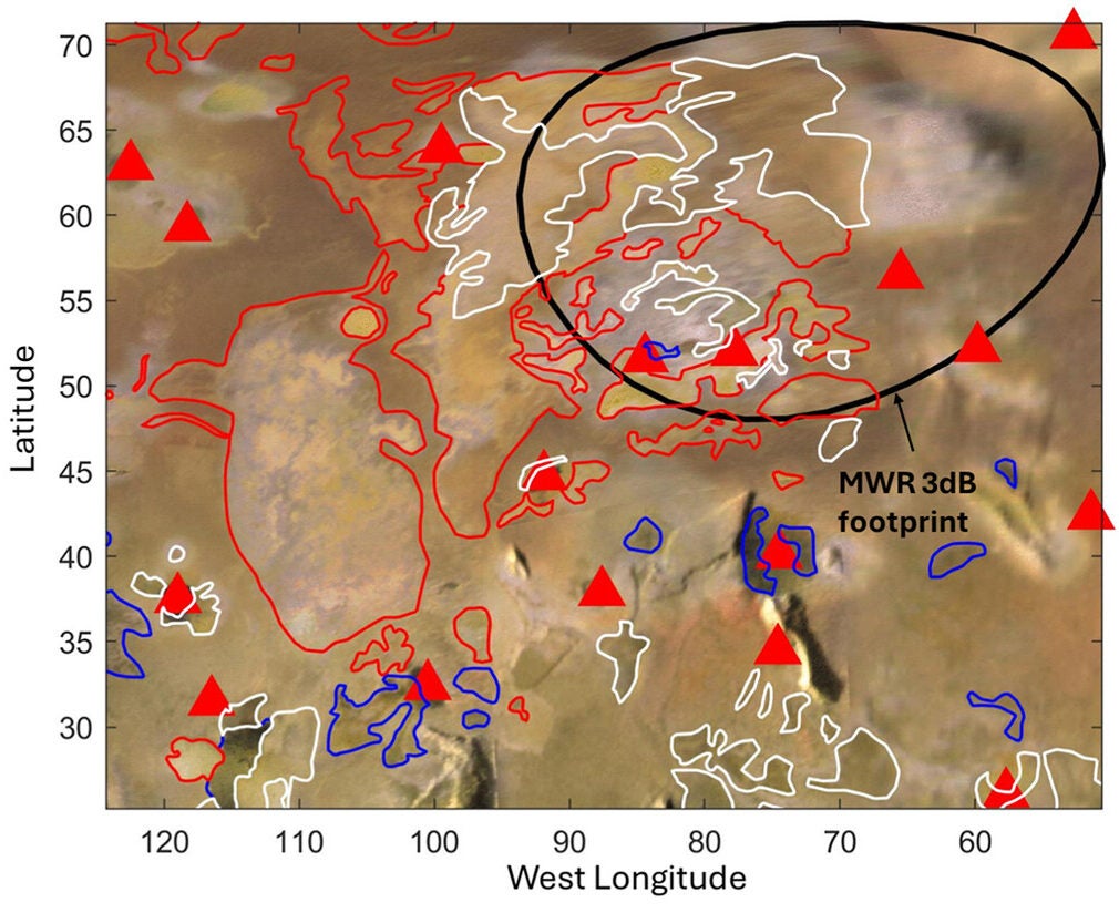 Context map for the model fit indicating the area sampled (3 dB footprint at 0.6 GHz) in black, with bright flow units outlined in red, dark flow units in blue and undivided flow units in white. The red triangles indicate hot spot locations.