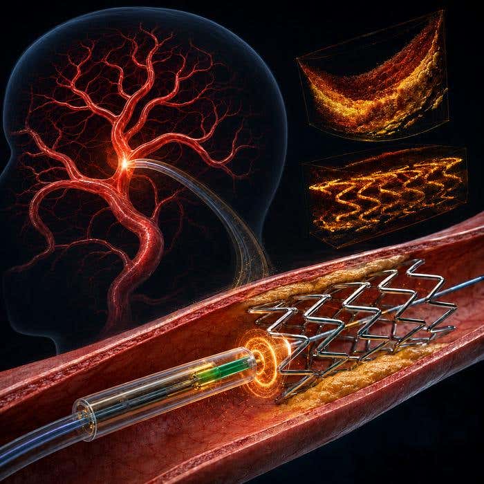 A 0.55-mm optical probe imaged stents and plaque while reducing rotational distortion inside curved cerebral vessels.