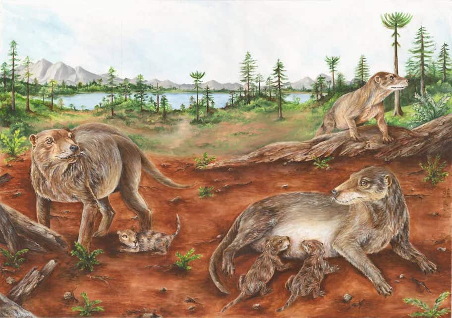 "Triassic Mothers," a life reconstruction of a group of Chiniquodon theotonicus individuals, a pregnant female (left) as well as a female (right) breastfeeding few, relatively large neonates.
