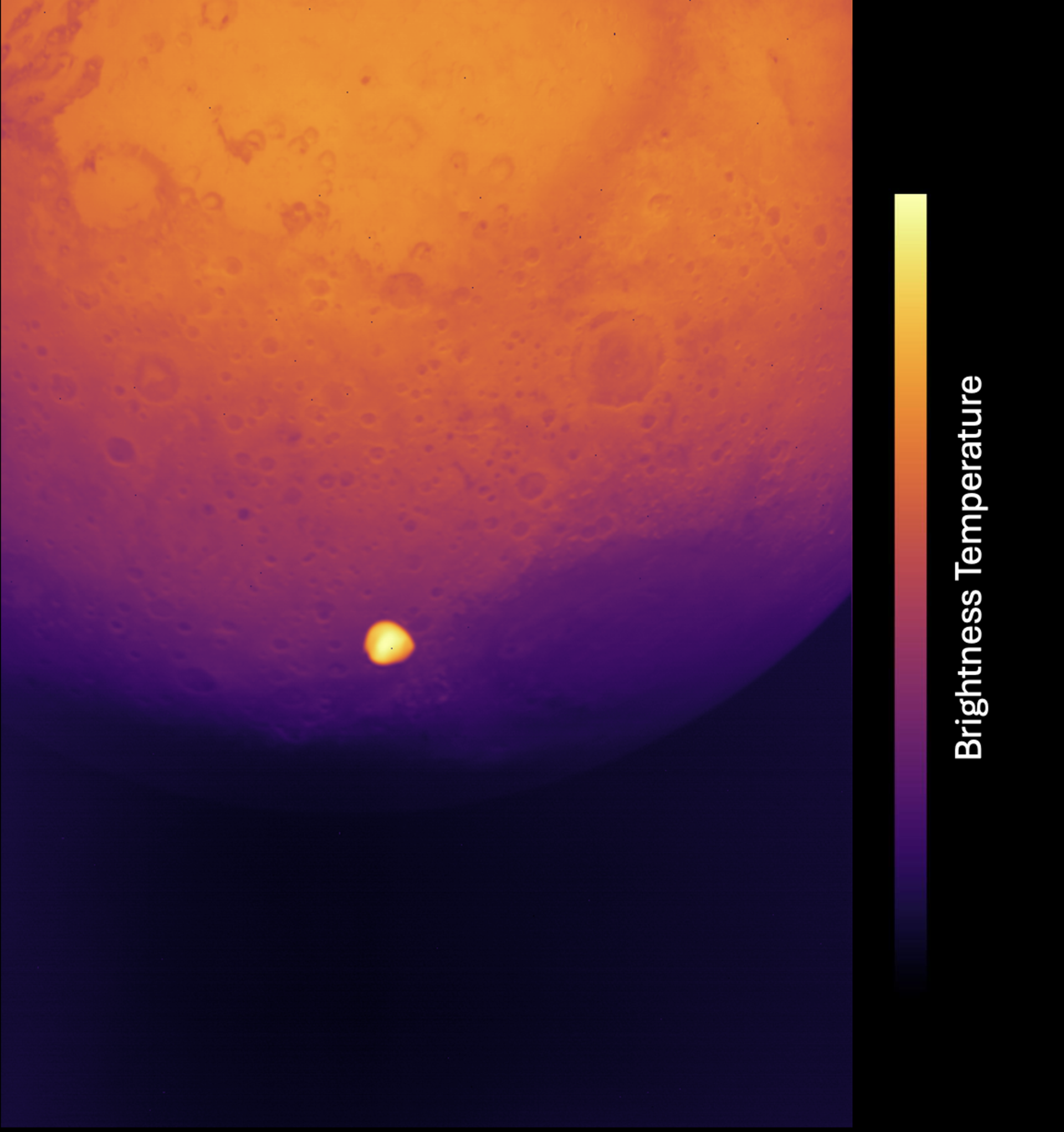 Martian moon Deimos shines much brighter than the red planet beneath it in this Thermal Infrared Imager image acquired during the Hera mission’s 12 March 2025 gravity-assist flyby of Mars.