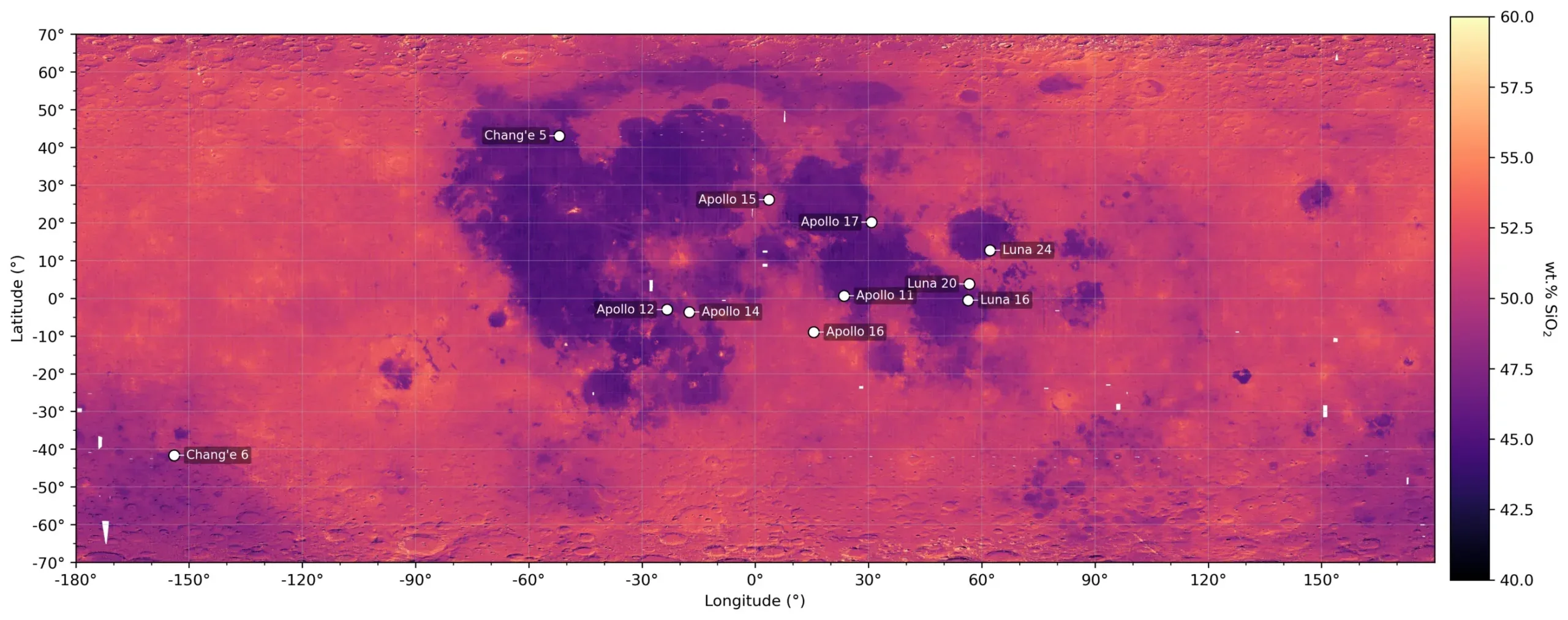 First global map of the SiO2 content on the Moon’s surface. The white, labeled dots show the landing sites from which the Apollo, Luna, and Chang’e missions brought lunar samples back to Earth. The samples made it possible to verify the accuracy of the map. 