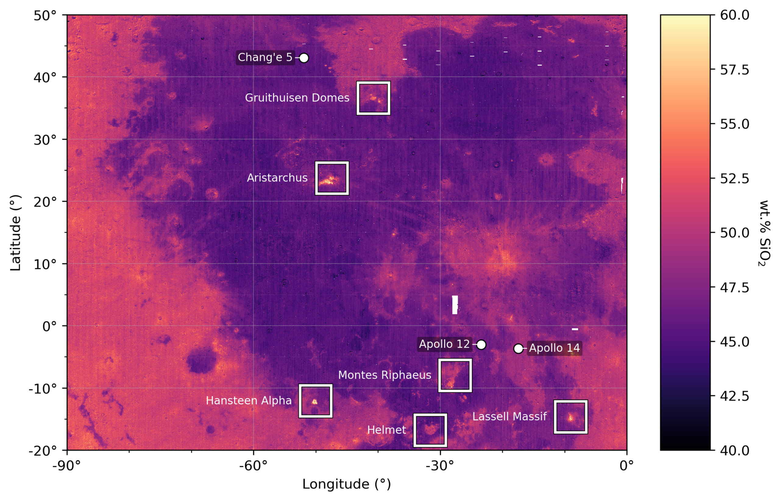 Calculated SiO2 concentration map over the central mare region with highly silicic localities identified by Glotch et al. (2010). These silicic domes and craters exhibit SiO2 concentrations of up to 76 wt.% at Lassell Massif.