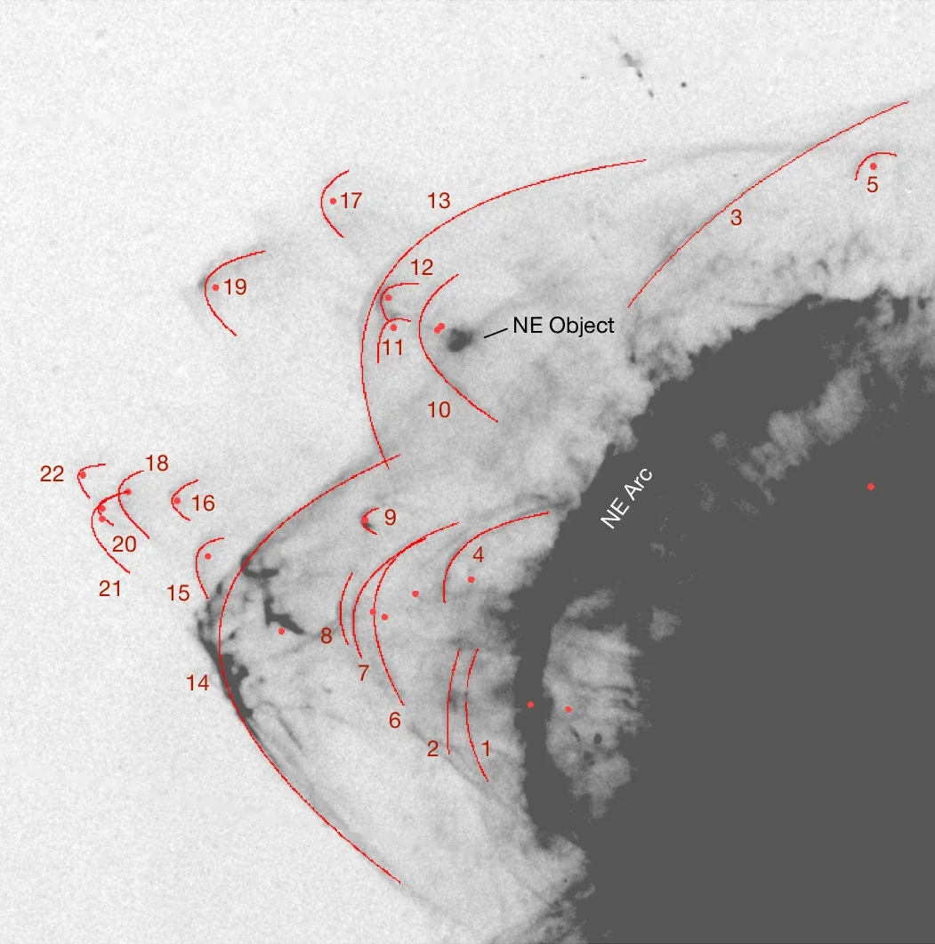 Twenty-two complete and partial bow shocks are identified in the Hα image. They are fitted with parabolas, indicated with the red lines