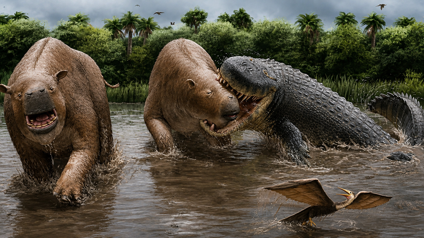 Reconstruction of Purussaurus neivensis attacking Pericotoxodon platignathus.