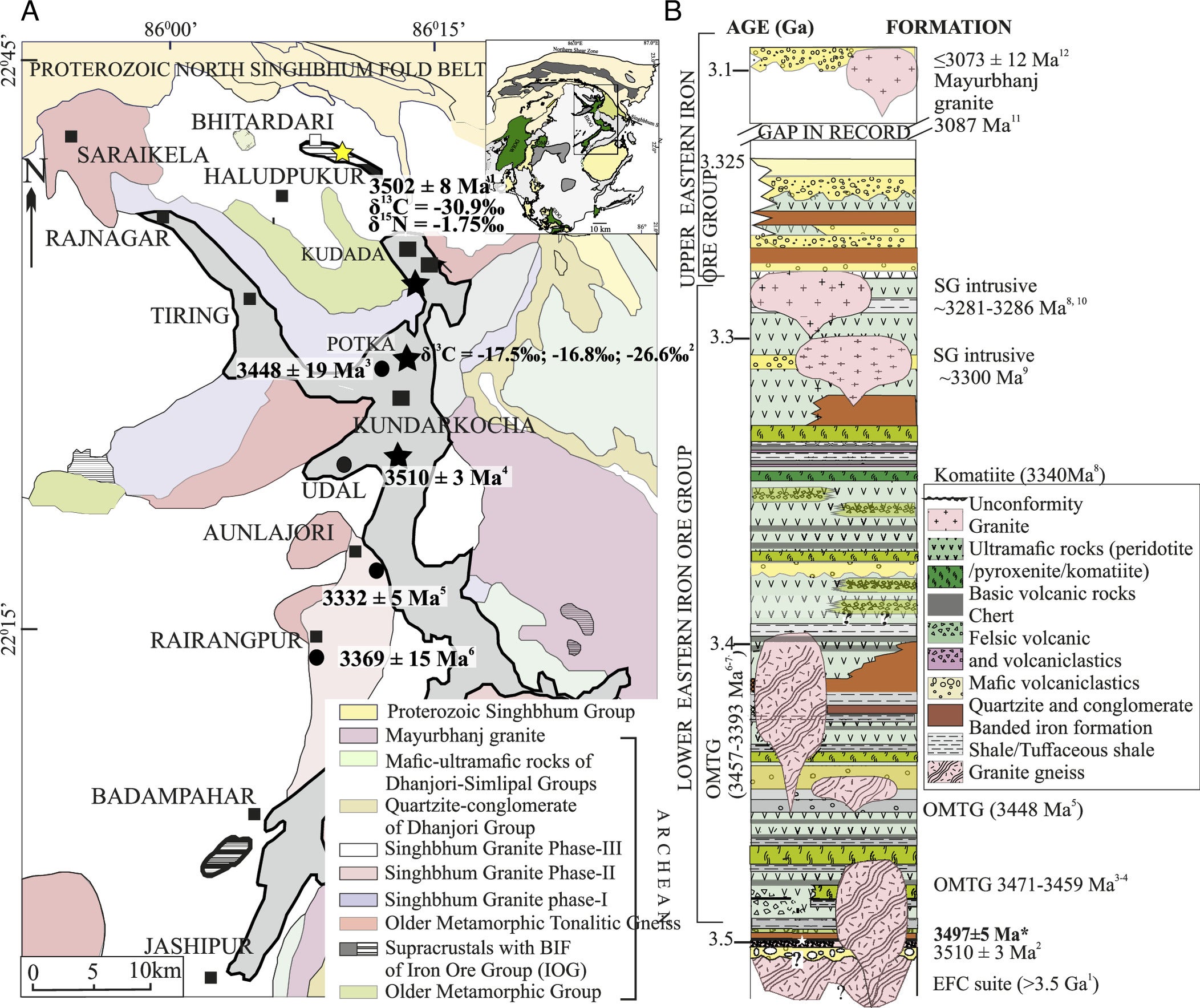 Geological map of the Eastern Iron Group (geological map of the Singhbhum craton in inset