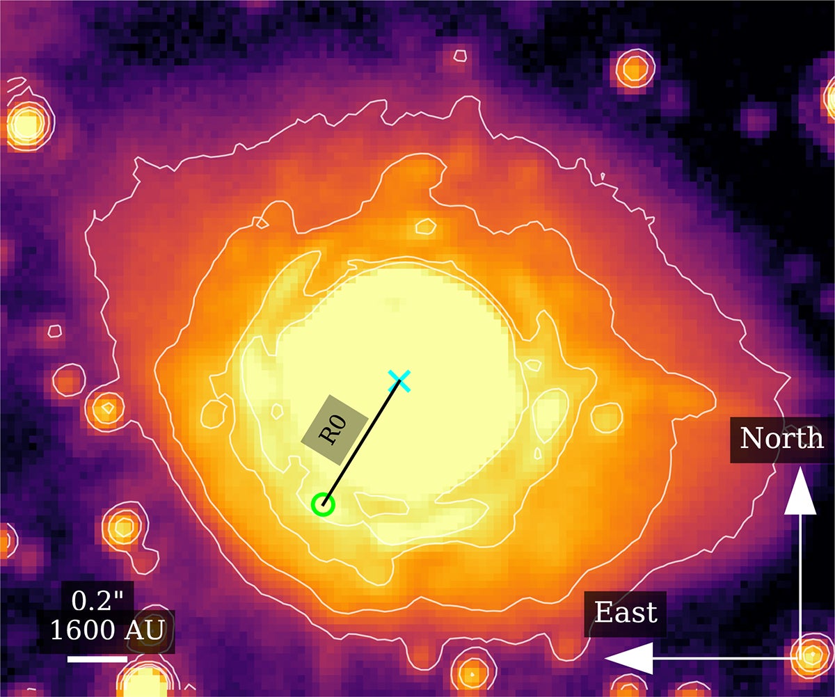 Projected stand-off distance estimate for the bow shock of IRS 3. The stand-off distance is a measure of the ambient ISM and the ram pressure of the star.