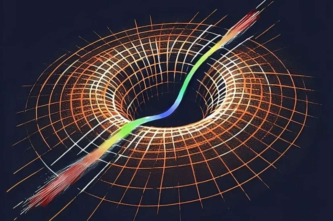 An artist's illustration of a wave propagating through an exponentially curved region of spacetime.