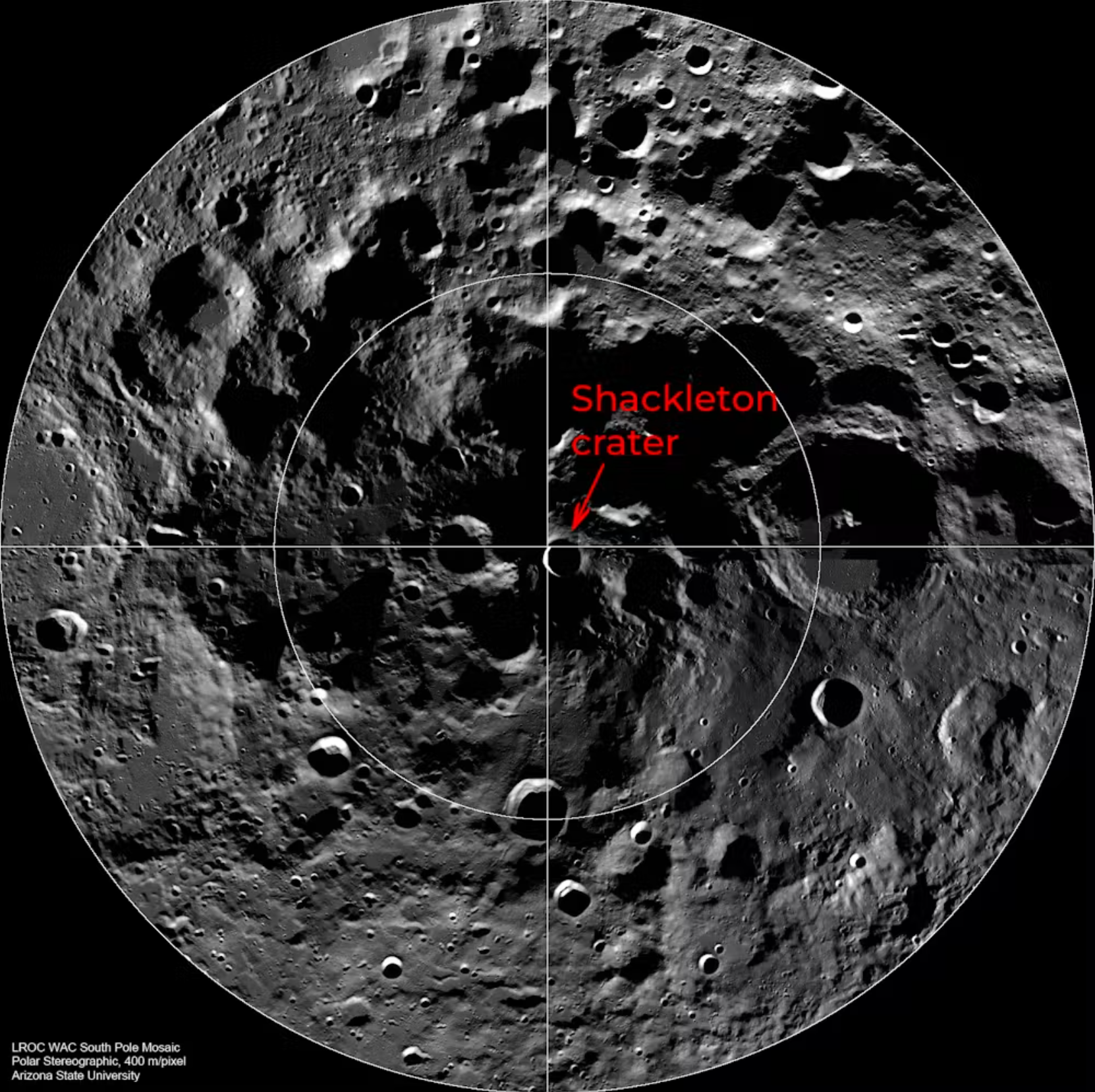 Mosaic spanning roughly 600 kilometers across the Moon’s south pole, marked by the intersecting lines.