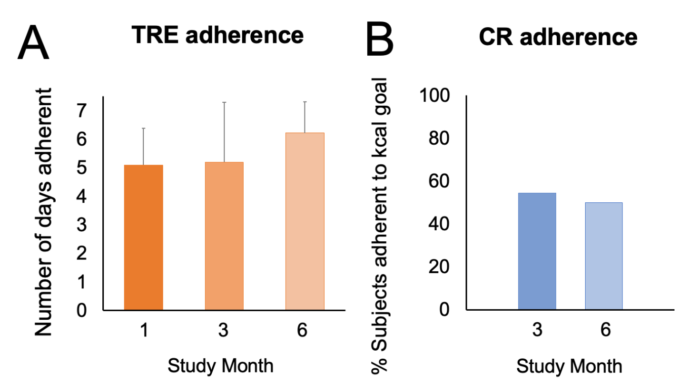 A. Adherence to the time restriction eating (TRE) intervention over 6 months. B. Adherence to the daily calorie restriction (CR) intervention over 6 months.