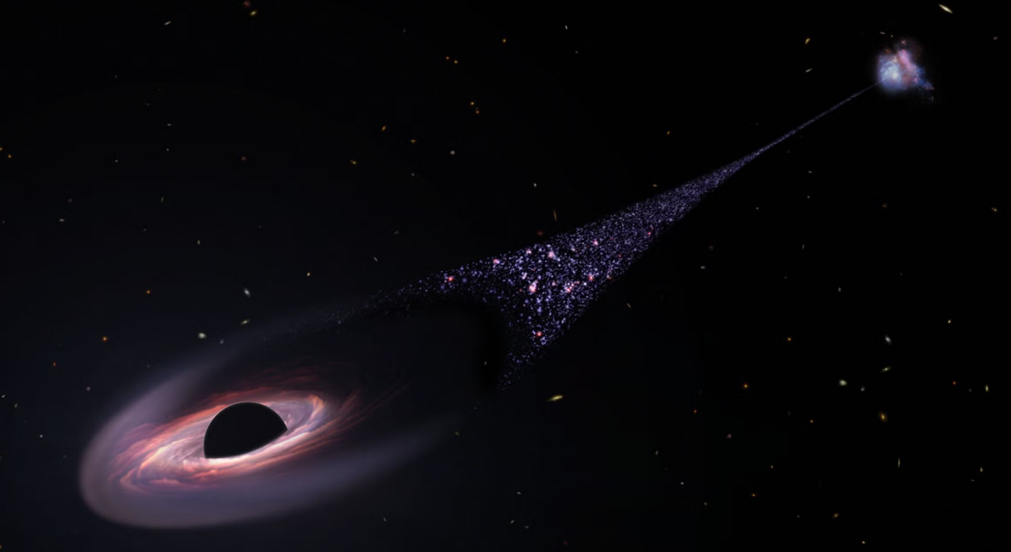 A runaway supermassive black hole is leaving a vast trail of newborn blue stars in its wake, dating back to when the universe was about half its present age.