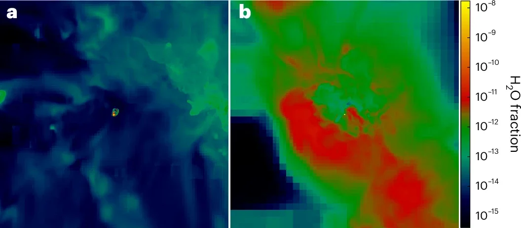 Water vapor in primordial haloes. Dense clumps with much higher water masses are visible as the yellow specks in the centers of both images.