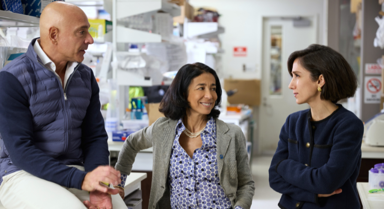 Miriam Merad, MD, PHD (center), with Zahi Fayad, PhD (left) and Fanny Elahi, MD, PhD (right). 