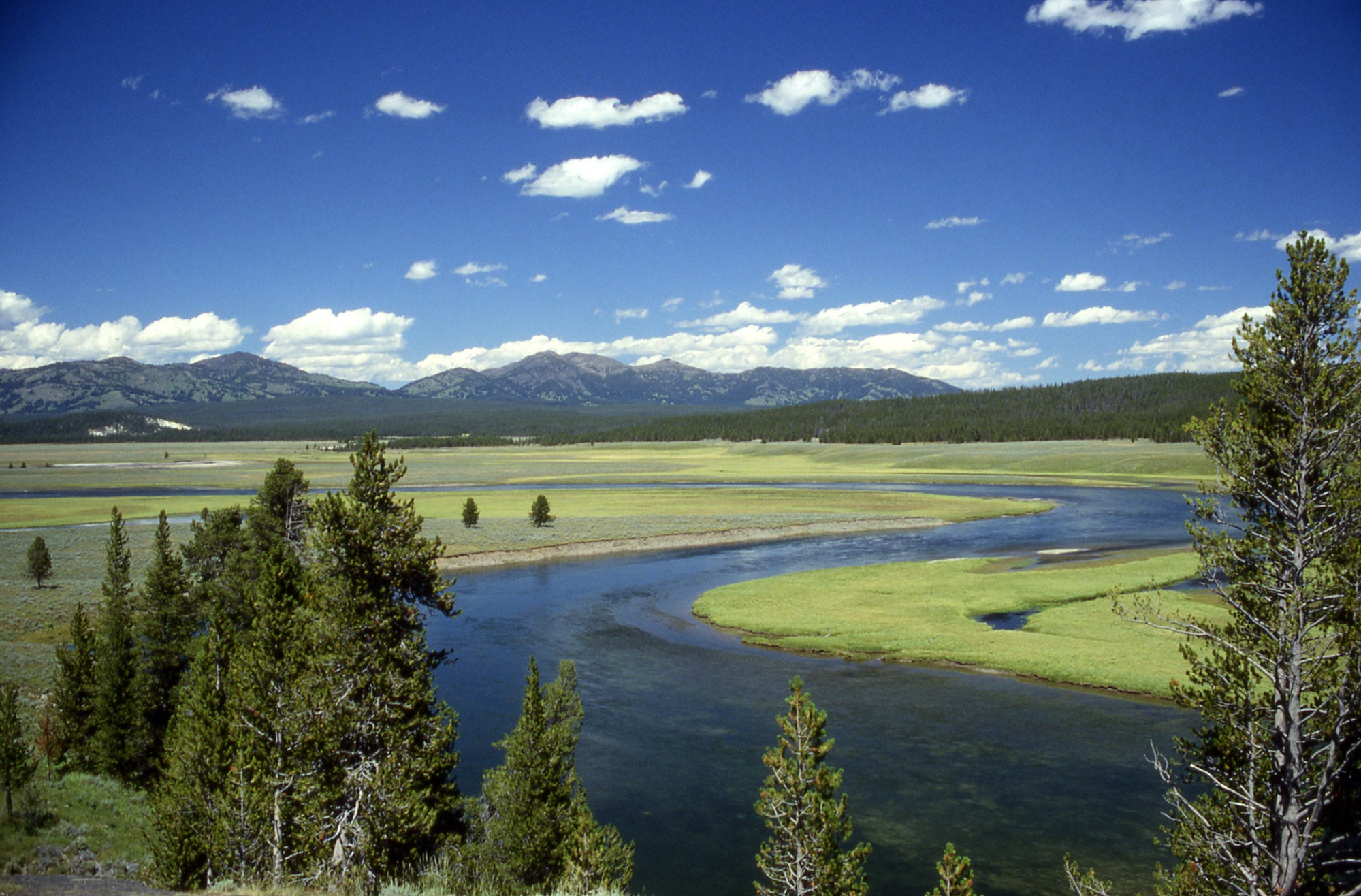 The northeastern part of the Yellowstone Caldera, with the Yellowstone River flowing through Hayden Valley and the caldera rim in the distance