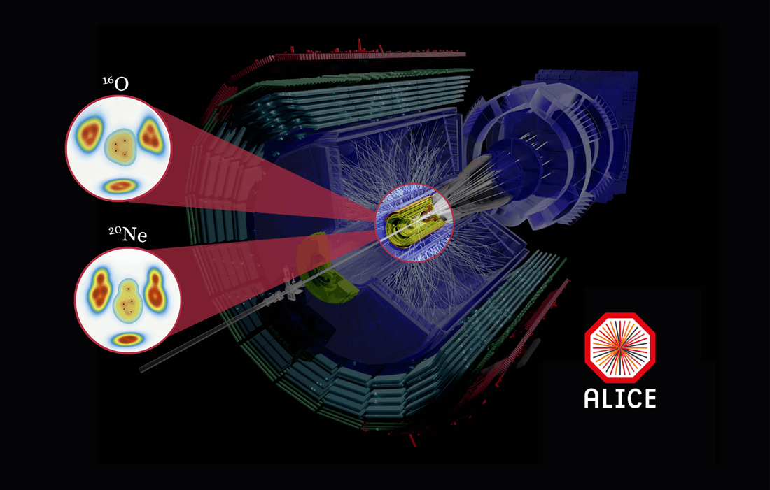Event display of collisions between Neon-20 and Oxygen-16 at the CERN Large Hadron Collider.
