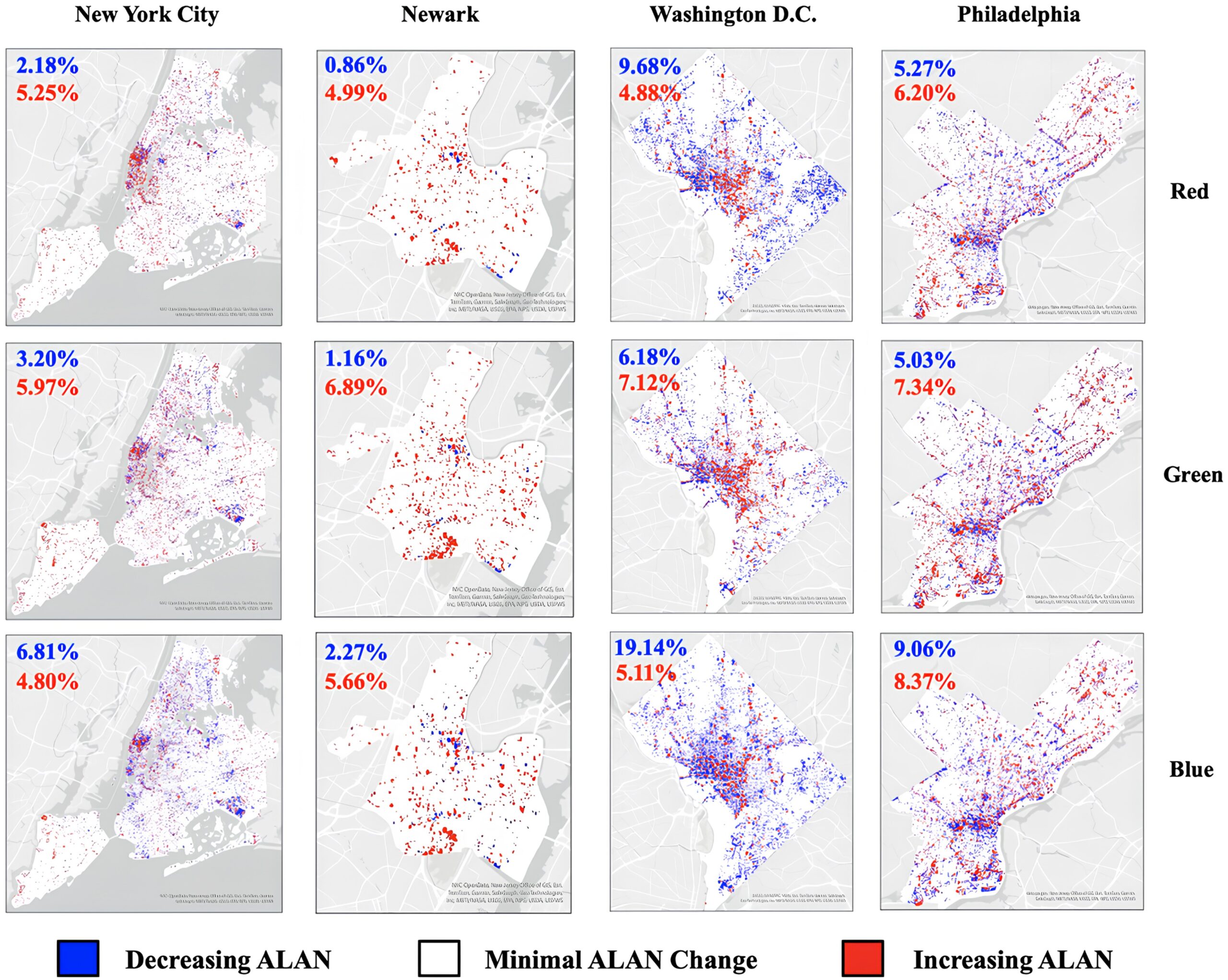 Spatial patterns of ALAN difference between 2022 and 2023 for each city and spectral band.