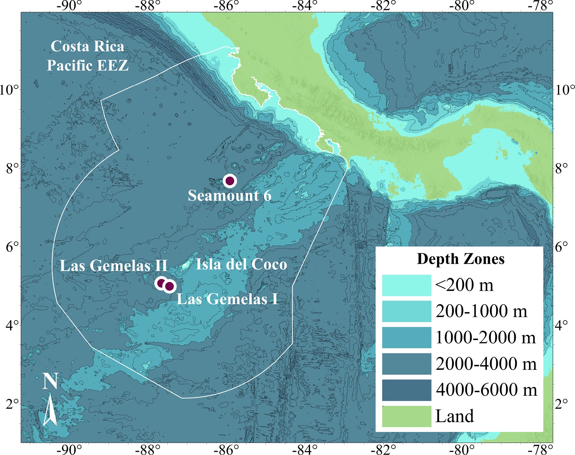 Map showing the geographic location of the collected samples within the Pacific Exclusive Economic Zone (EEZ) of Costa Rica.