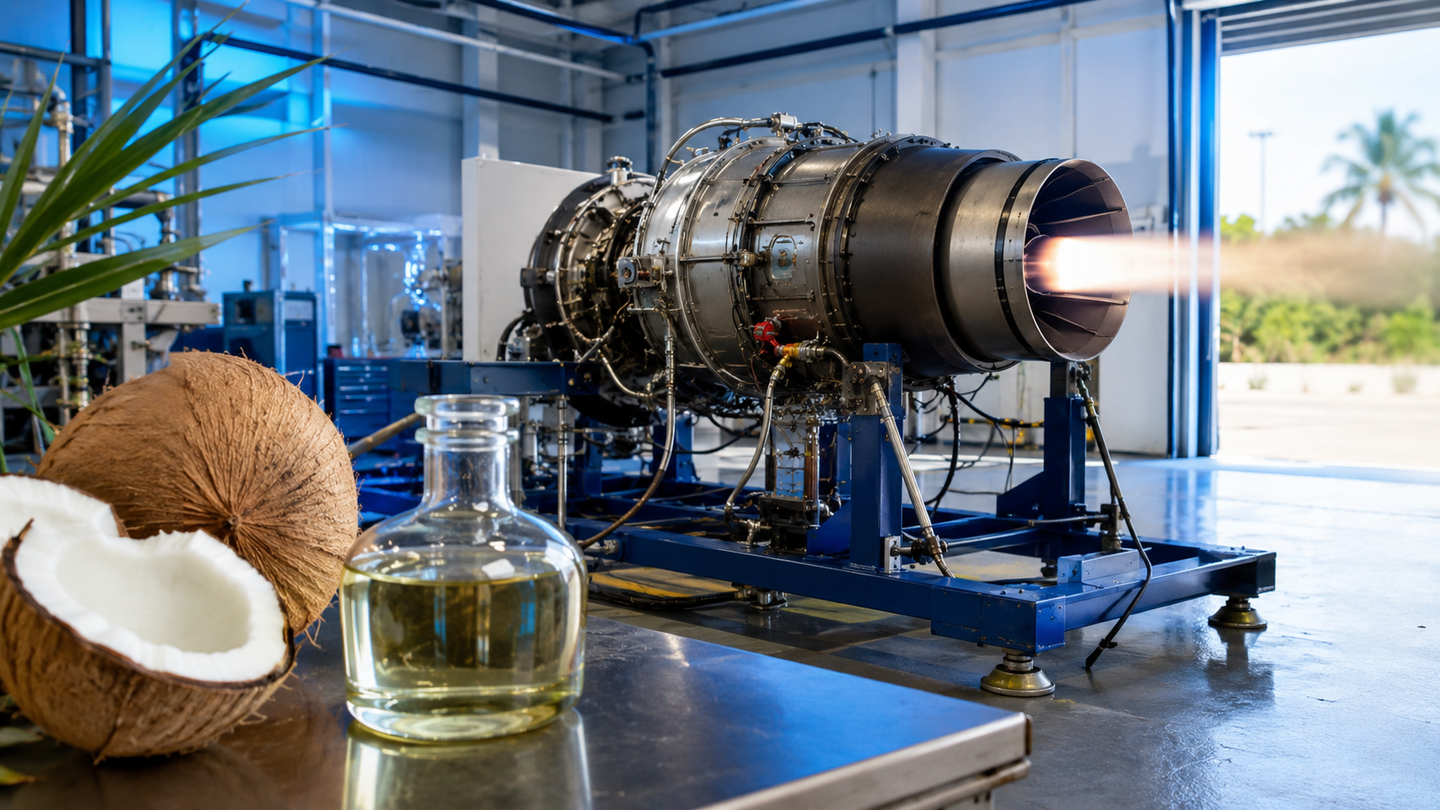 Coconut oil biofuel ran in a turbojet with comparable efficiency while cutting hydrocarbon emissions in blends with Jet A-1.