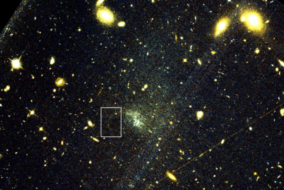 A NASA Hubble Space Telescope image with box added to show location of the globular cluster stellar stream.