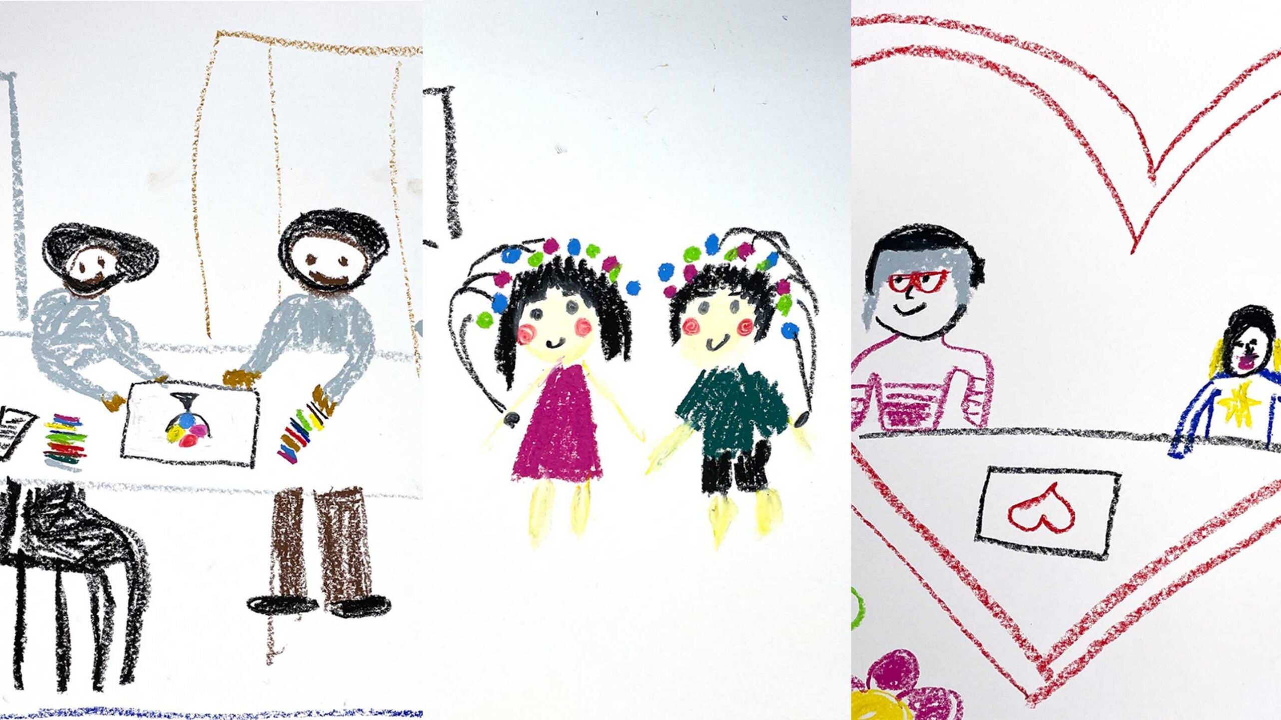 Three examples of collaborative drawings (three self-portraits among the many wide-ranging motifs). Participants could draw anything they chose – the motifs of drawings were never specified by the researchers, to allow maximal creativity. The researchers chose drawing as the collaborative activity because it is also frequently used in practice in intergenerational social programmes.