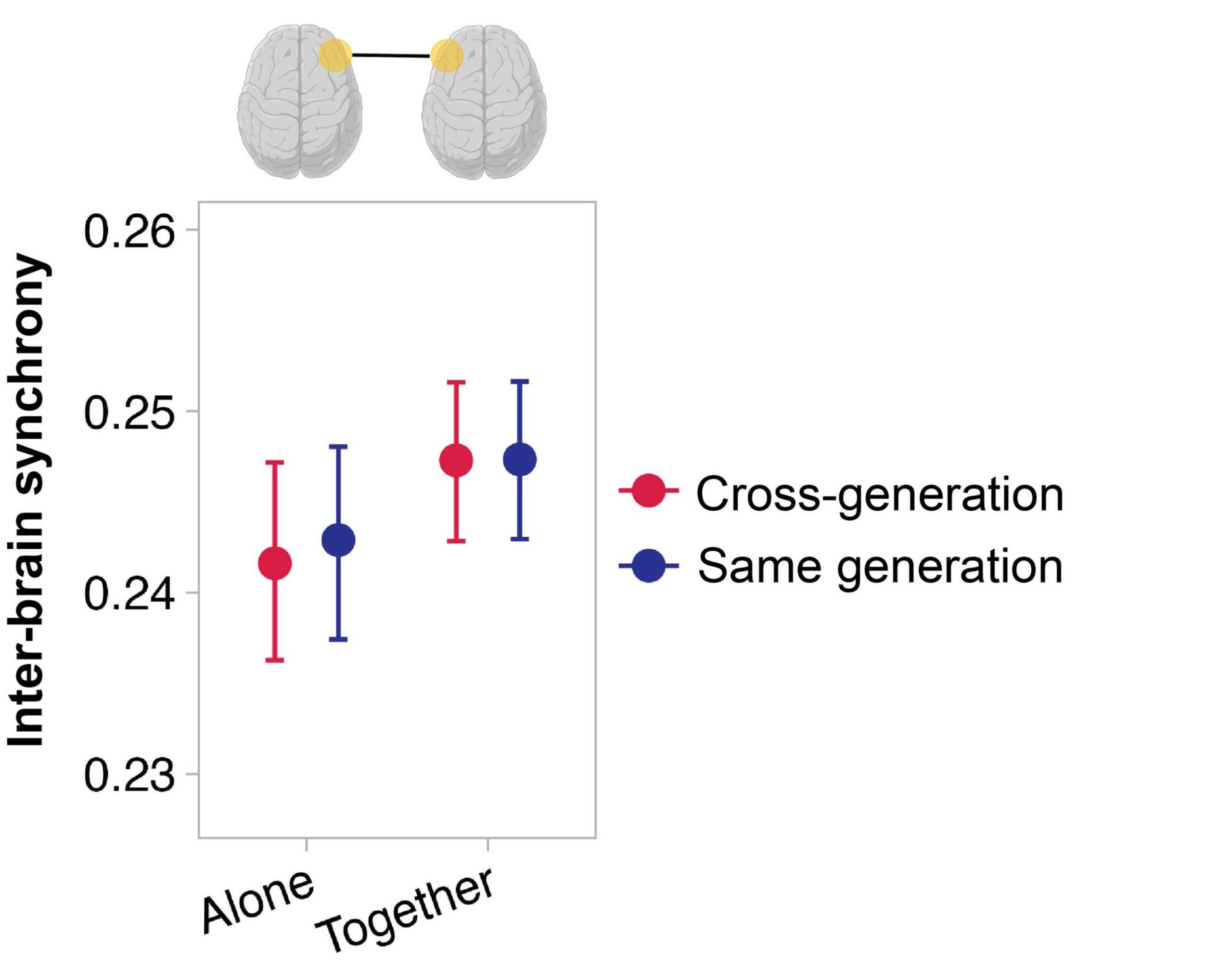 Inter-brain synchrony was measured between participants' frontal and temporal brain regions. This image shows that, between frontal brain regions, inter-brain synchrony is greater when people draw together than alone. It also shows no difference between cross-generational and same generation pairs of participants.