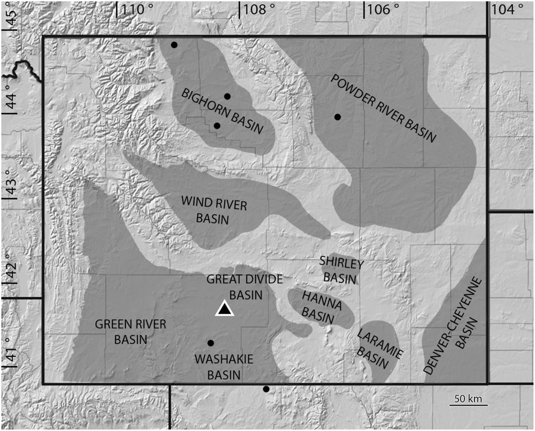 Map of Wyoming and adjacent areas with geologic basins labeled.