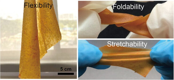 Images of a GL10 fabric sample demonstrating its flexibility, foldability, and stretchability.