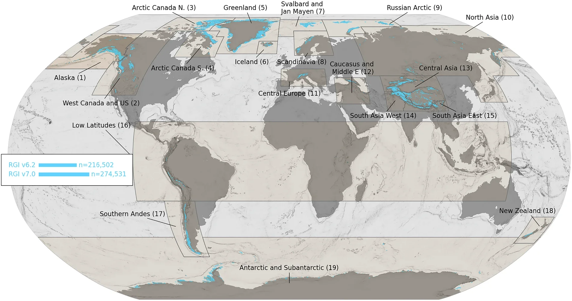 The World’s glaciers (cyan), divided into the 19 regions of the Randolph Glacier Inventory.