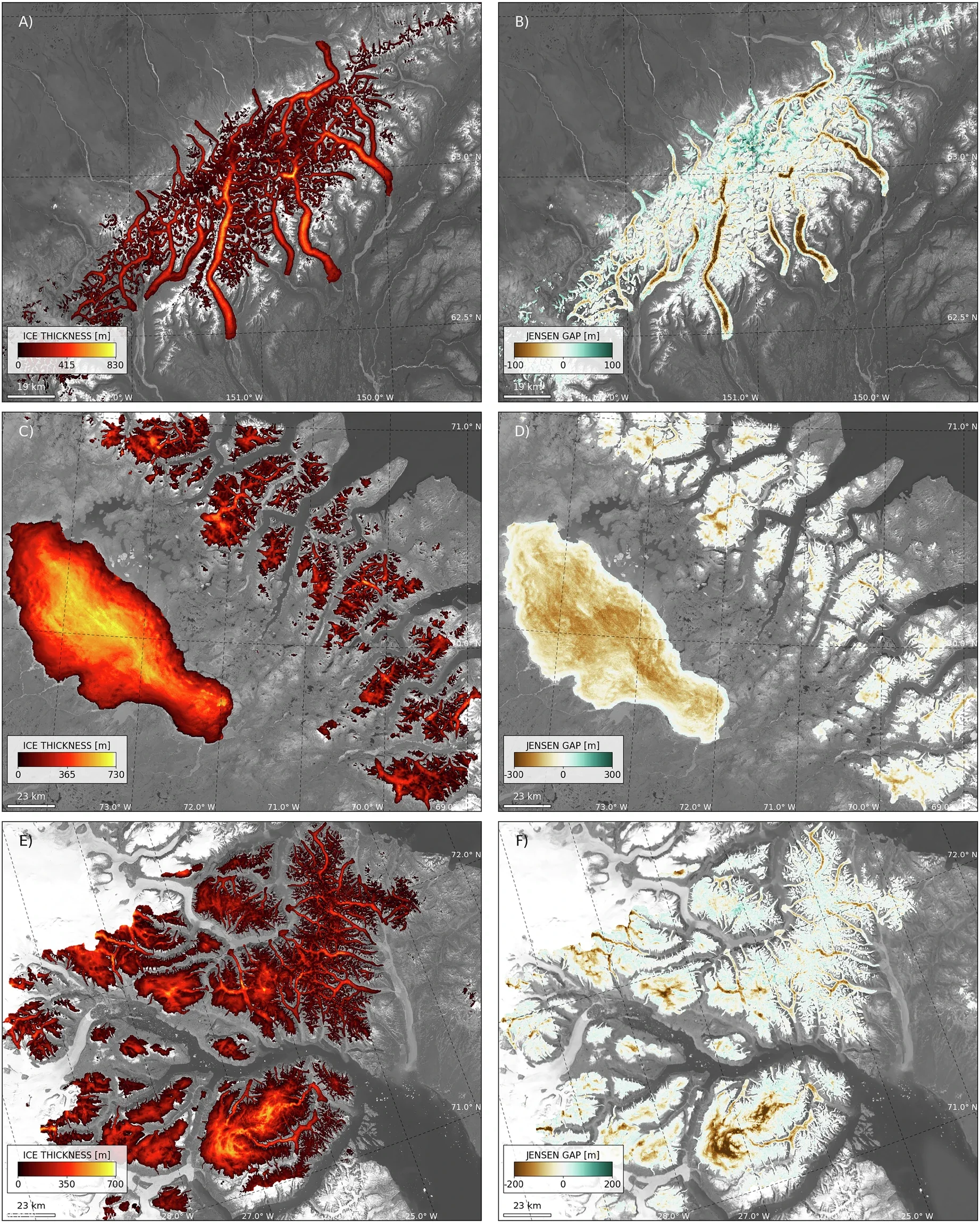 Modeled ice thickness A-C-E and corresponding Jensen Gap B-D-F. (A) Ruth glacier and Denali glacier system (Alaska); (C) Barnes ice cap and Baffin island glaciers (Nunavut, Canada); (E) Renland ice cap and glaciers in the Scoresby Sound system (Eastern Greenland). Negative (positive) Jensen Gap values indicate decreased (increased) modeled ice thickness due to input uncertainty.
