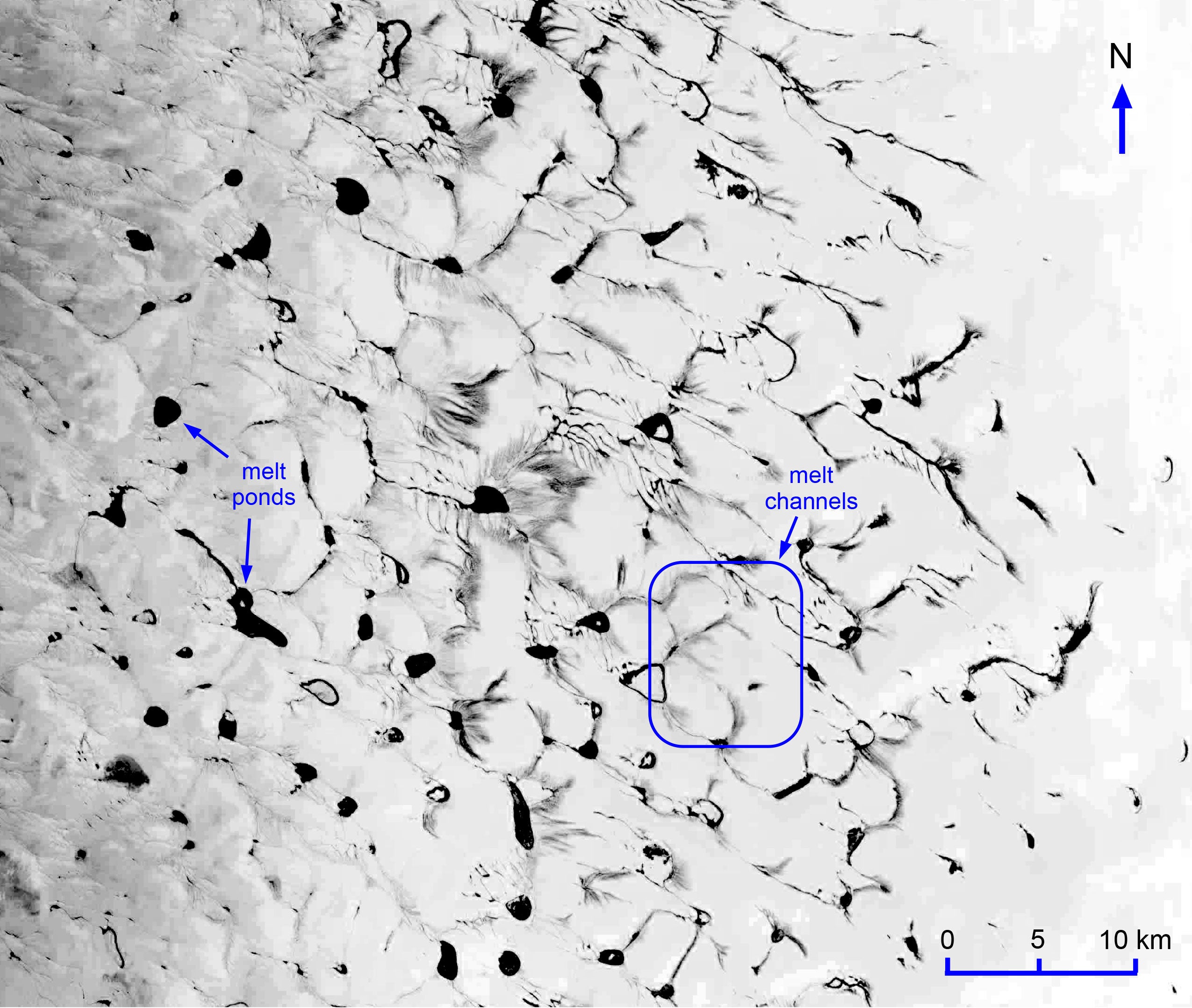 Researchers for an SwRI-led study compared New Horizons images to NASA Landsat 9 images of the Greenland ice sheet. Dark, narrow surface features have been identified here in areas in Greenland where liquid water darkens the ice and snow in a manner analogous to what is now believed to perhaps be occurring on northern Sputnik Planitia on Pluto due to present or recent liquid nitrogen there.