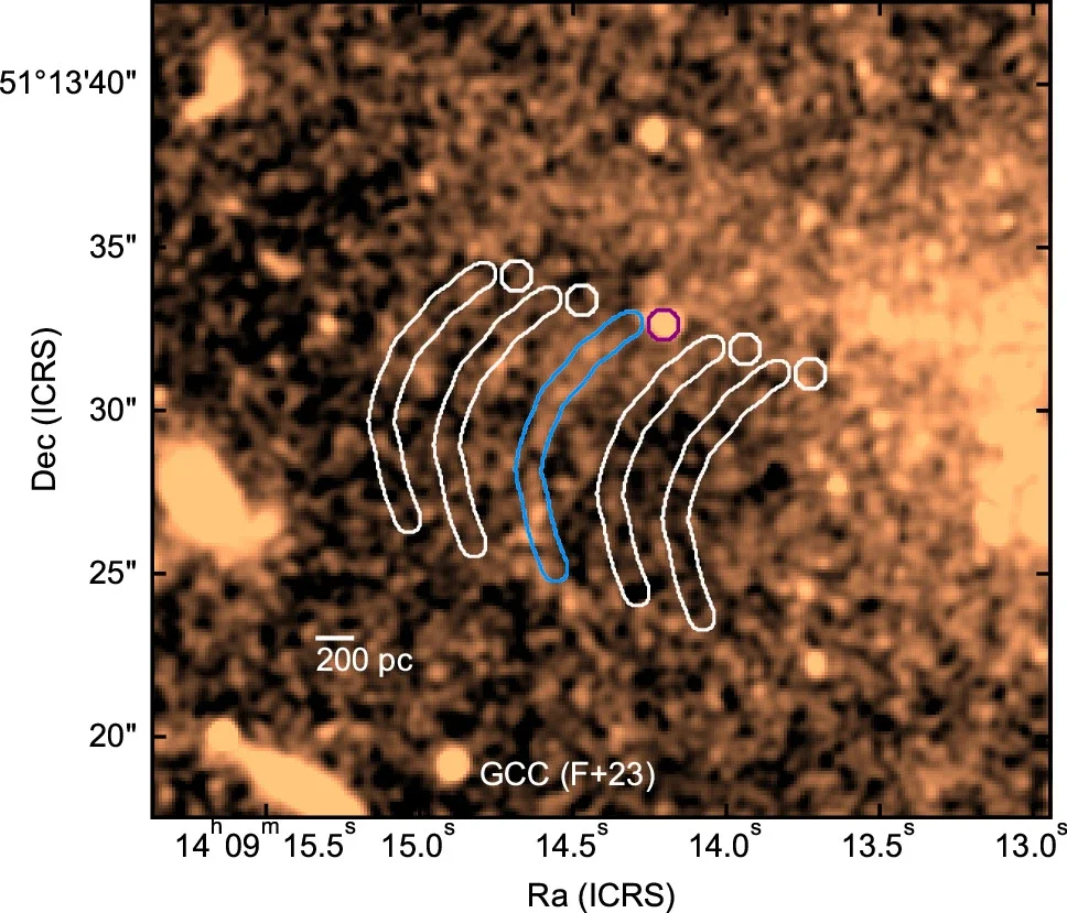 Masks used for colour determination of the stream and cluster candidates (blue and purple) overplotted on the HST F814W image, along with the masks used for background subtraction (white).