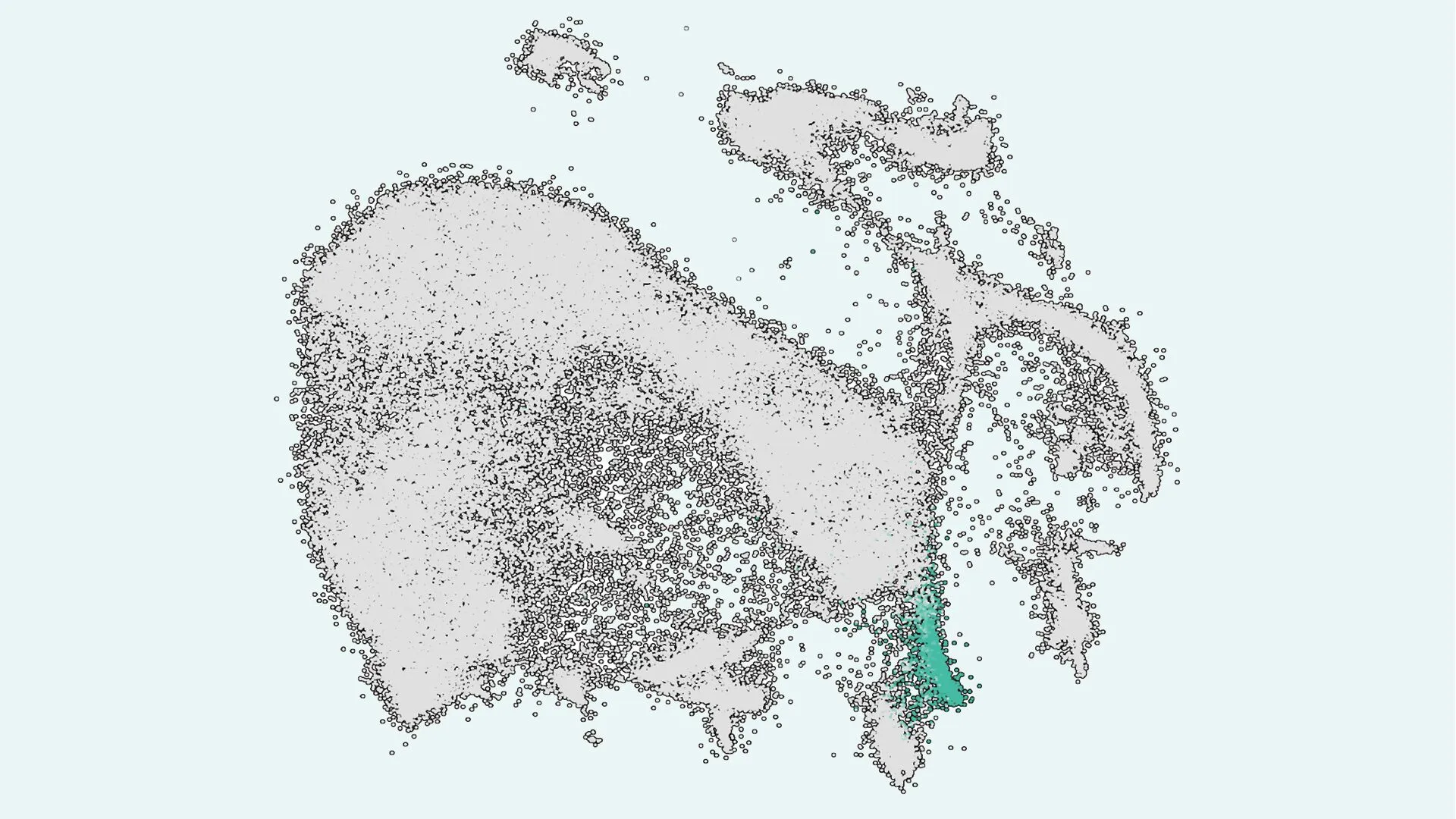 Using a combination of single-cell sequencing and AI simulations, CSHL scientists were able to estimate that, during training in the thymus, T cells will only interact with about 240 antigen-presenting cells (seen here in teal) out of a random sample of 2,000. Even with this small sample size, the T cells will be able to recognize other self-peptides through a process called generalization.