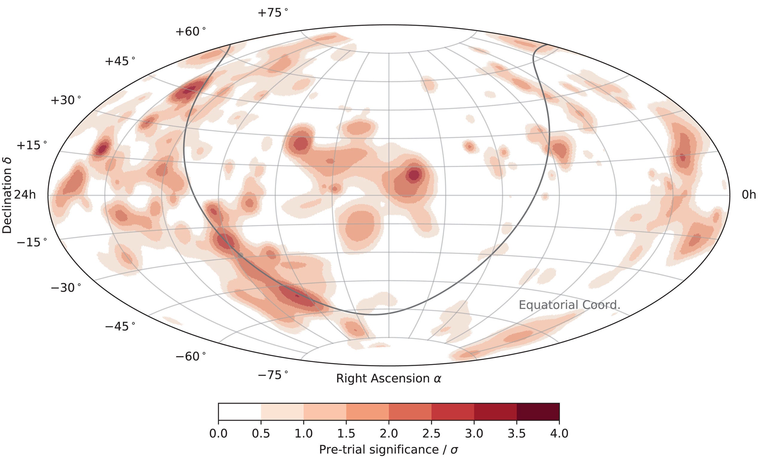A map of the best-fitting pretrial significance for the all-sky search, shown on an Aitoff projection of the celestial sphere, in equatorial coordinates (J2000 equinox).