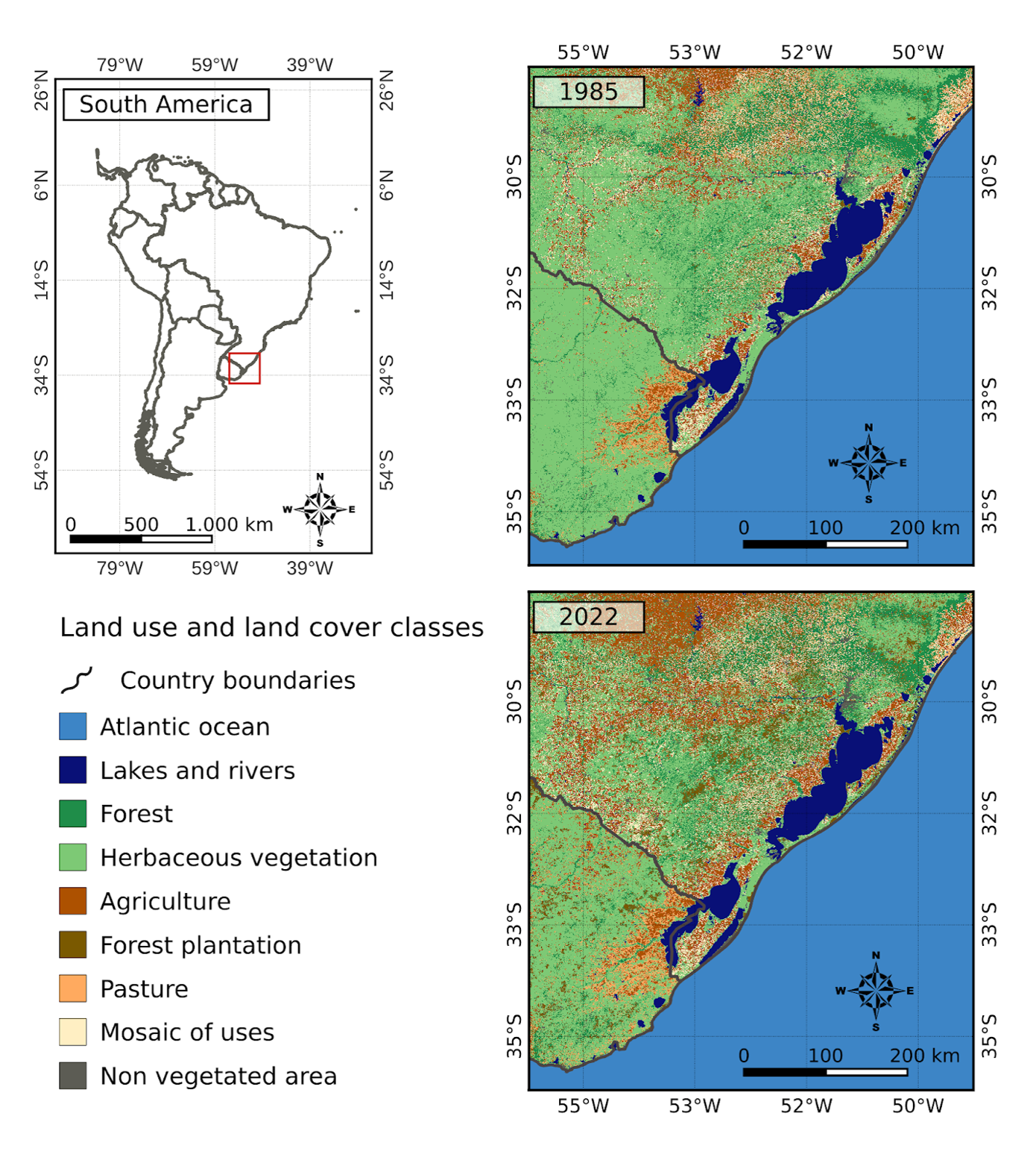 Location of the SA-CSSL with use and land-cover classes and its change from 1985 to 2022.