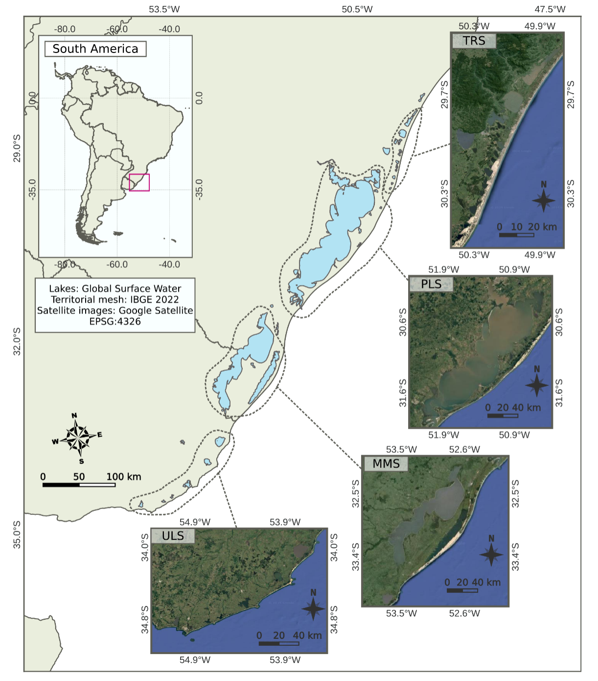 Southern American coastal shallow subtropical lakes (SA-CSSL) system, with the four subsystems in detail: I - Tramandaí River System (TRS); II - Mangueira-Mirim System (MMS); III - Patos Lagoon System (PLS); IV - Uruguayan Lagoon System (ULS).