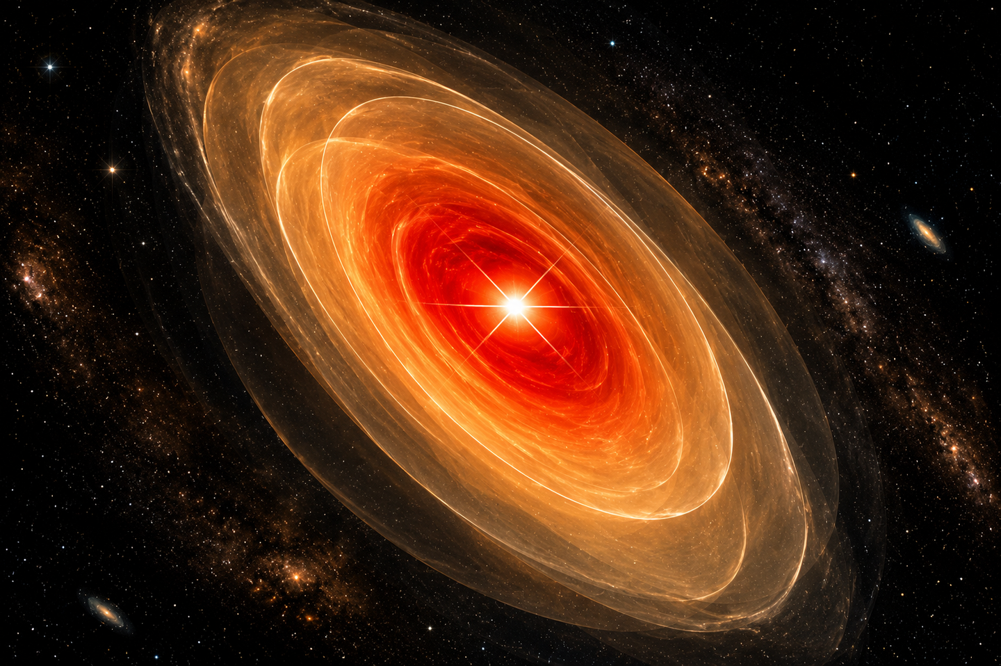 An artist’s impression of a mysterious “little red dot,” a bright, compact object nestled within a faint galaxy in the early universe.