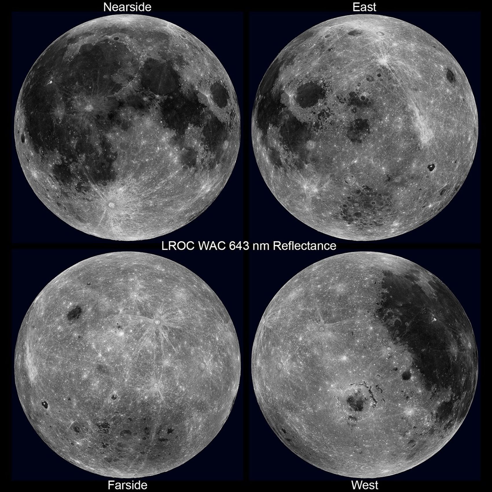 Four views of the Moon from NASA’s Lunar Reconnaissance Orbiter show the dramatic difference between the familiar near side and the more heavily cratered far side. The far side’s isolation from Earth’s radio transmissions makes it especially attractive for telescopes designed to probe the cosmic dark ages.