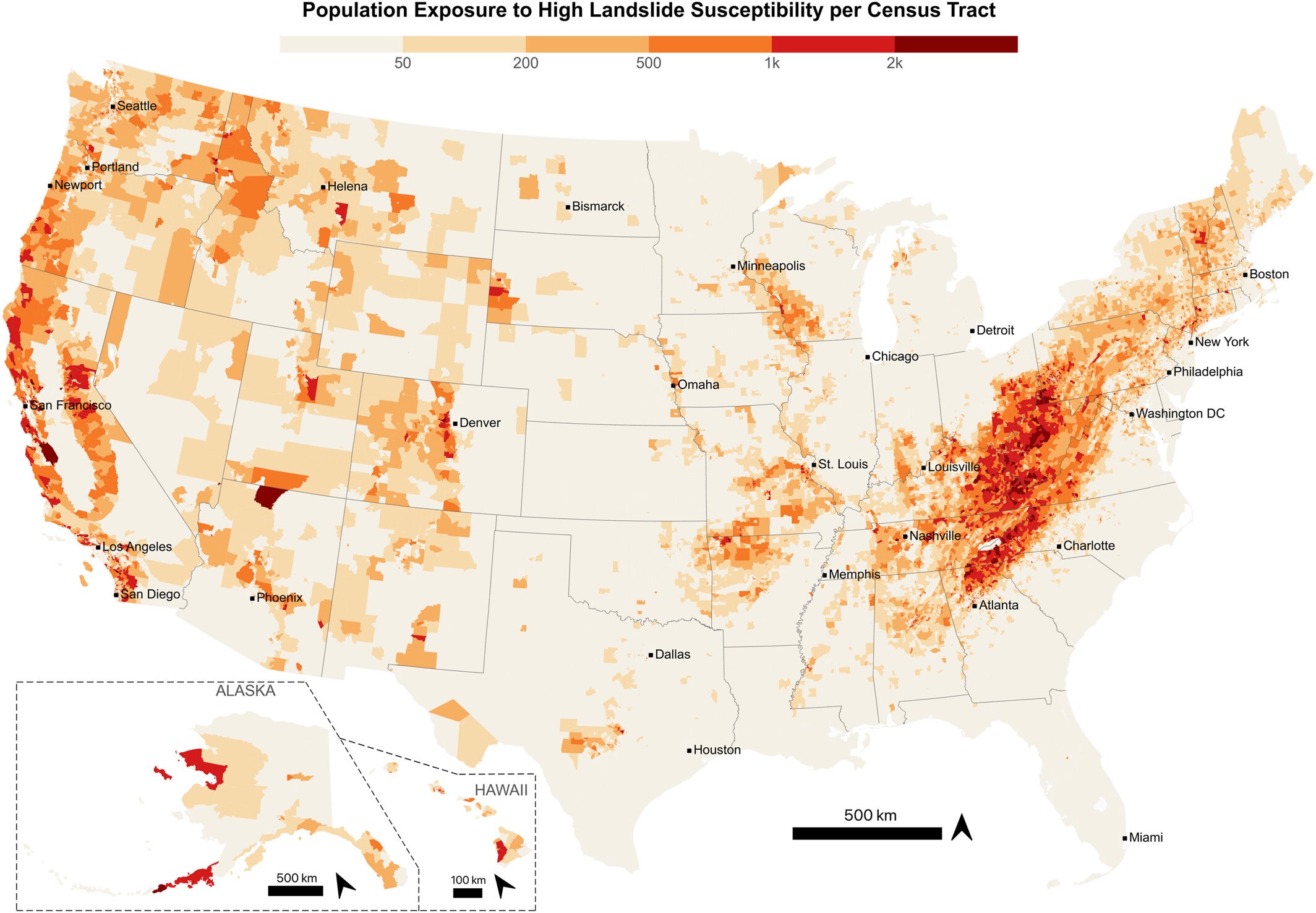 National distribution of population exposure to high landslide susceptibility.