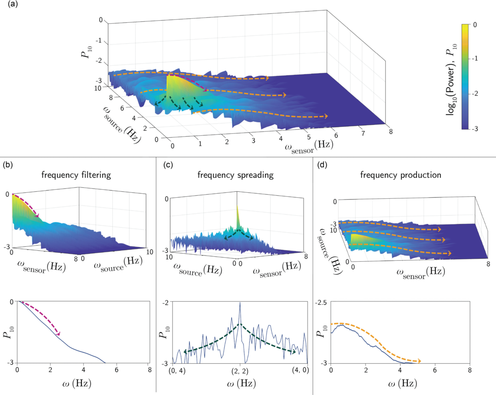Naturalistic case: Example frequency mapping of an odor signal with a range of frequency content at the source, which is then transformed by turbulent transport to a different spectrum in the signal received at the sensor.