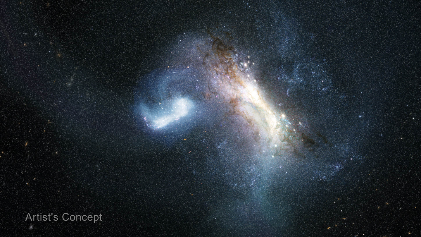 Artists concept. About 12 billion years ago, a dwarf galaxy known as LKH collided with a young Milky Way and merged with it.