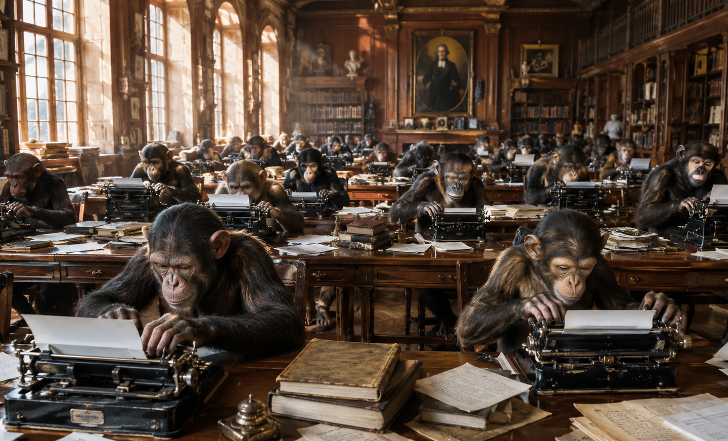 The Infinite Monkey Theorem meets reality: even 200,000 chimps could not type Shakespeare before the universe ends.