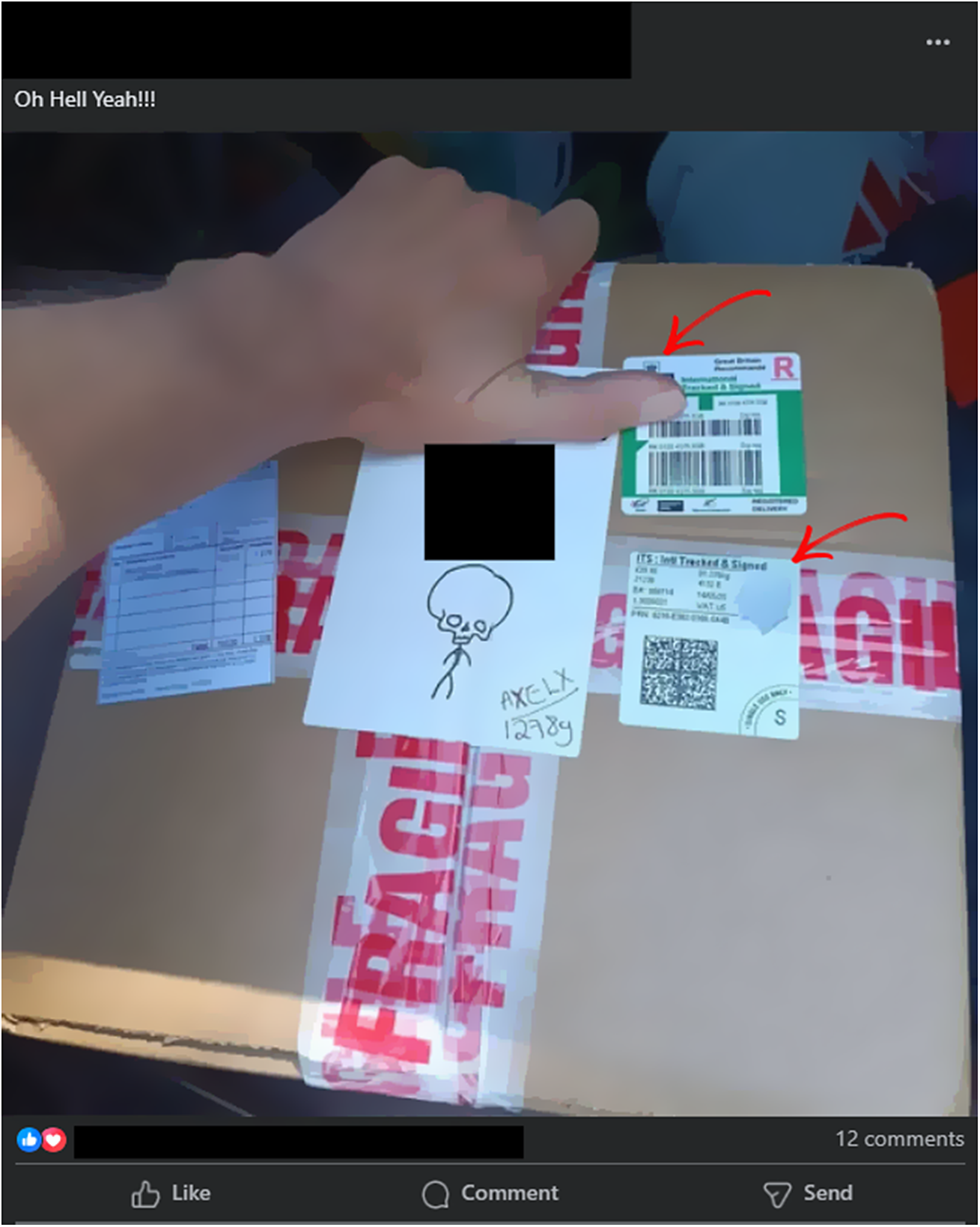 Photograph posted to Facebook from a buyer (in the United States) who purchased mummified human remains from the United Kingdom. 