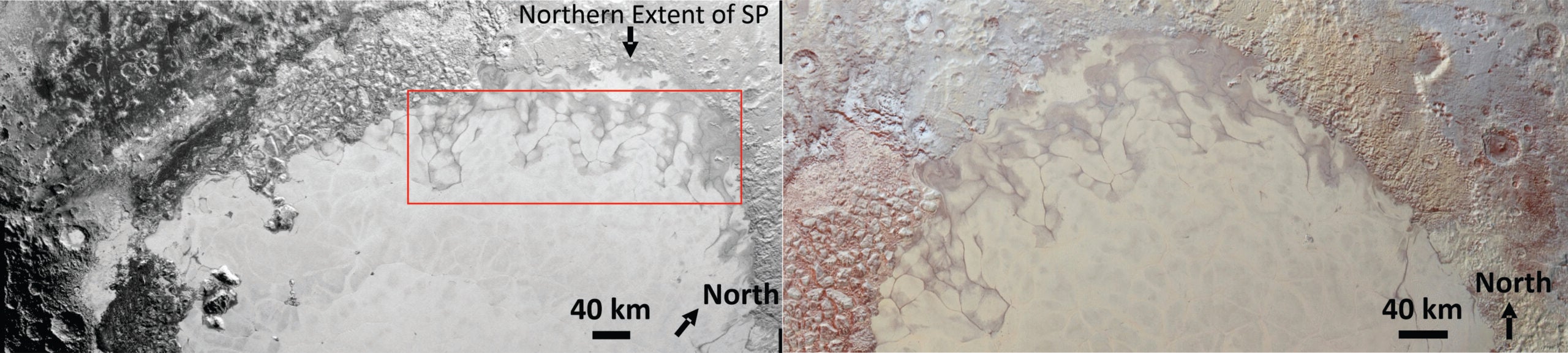 Pluto’s northern Sputnik Planitia glacier (in the western or left side of Pluto’s brightheart) is shown here in a color mosaic made from New Horizons imagery. The direction of north is shown on the image.
